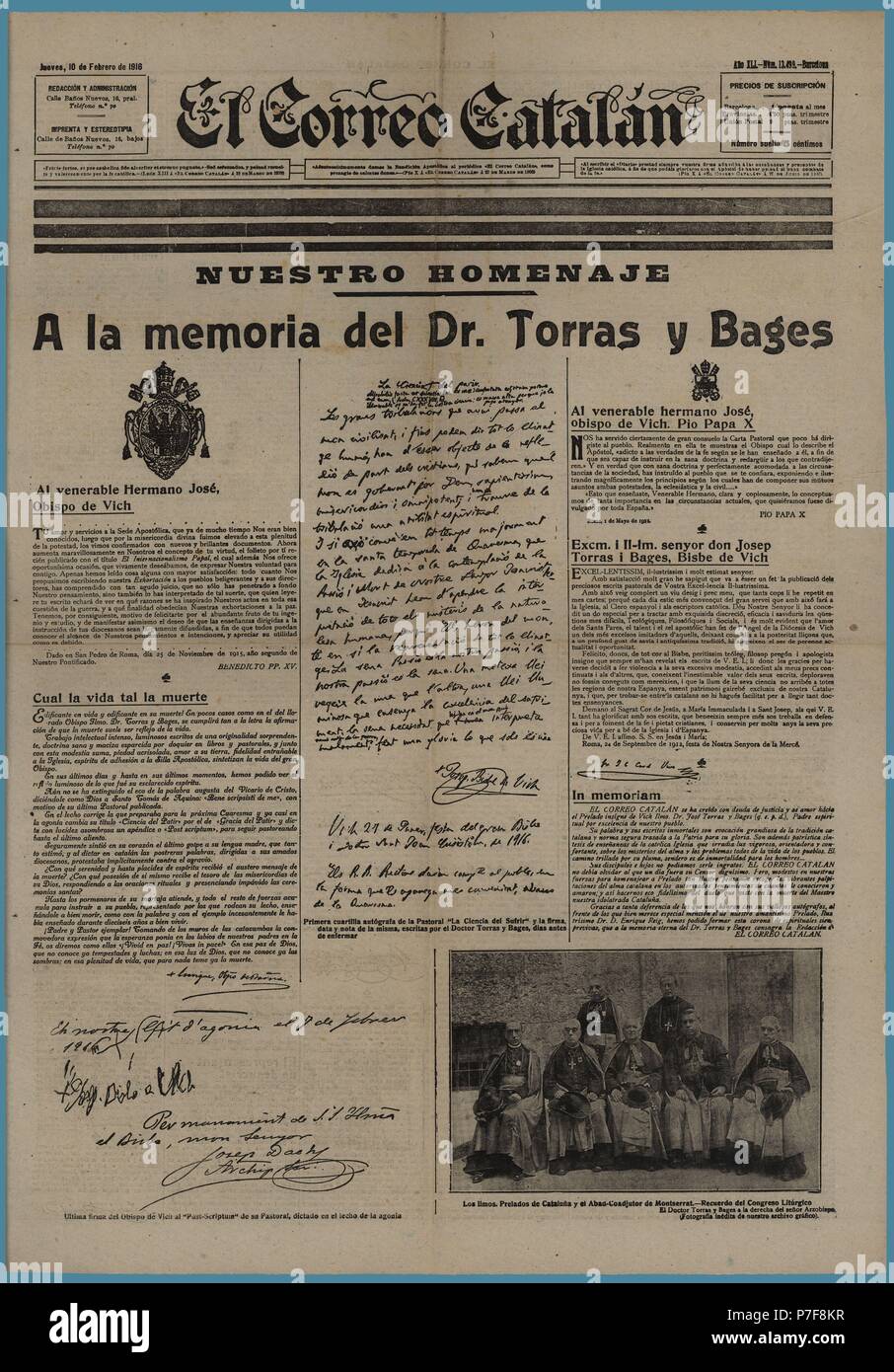 Portada del diario político El correo catalán, editado en Barcelone, février 1916. Homenajes al obispo de Vic, Josep Torras i Bages, tras su muerte. Banque D'Images