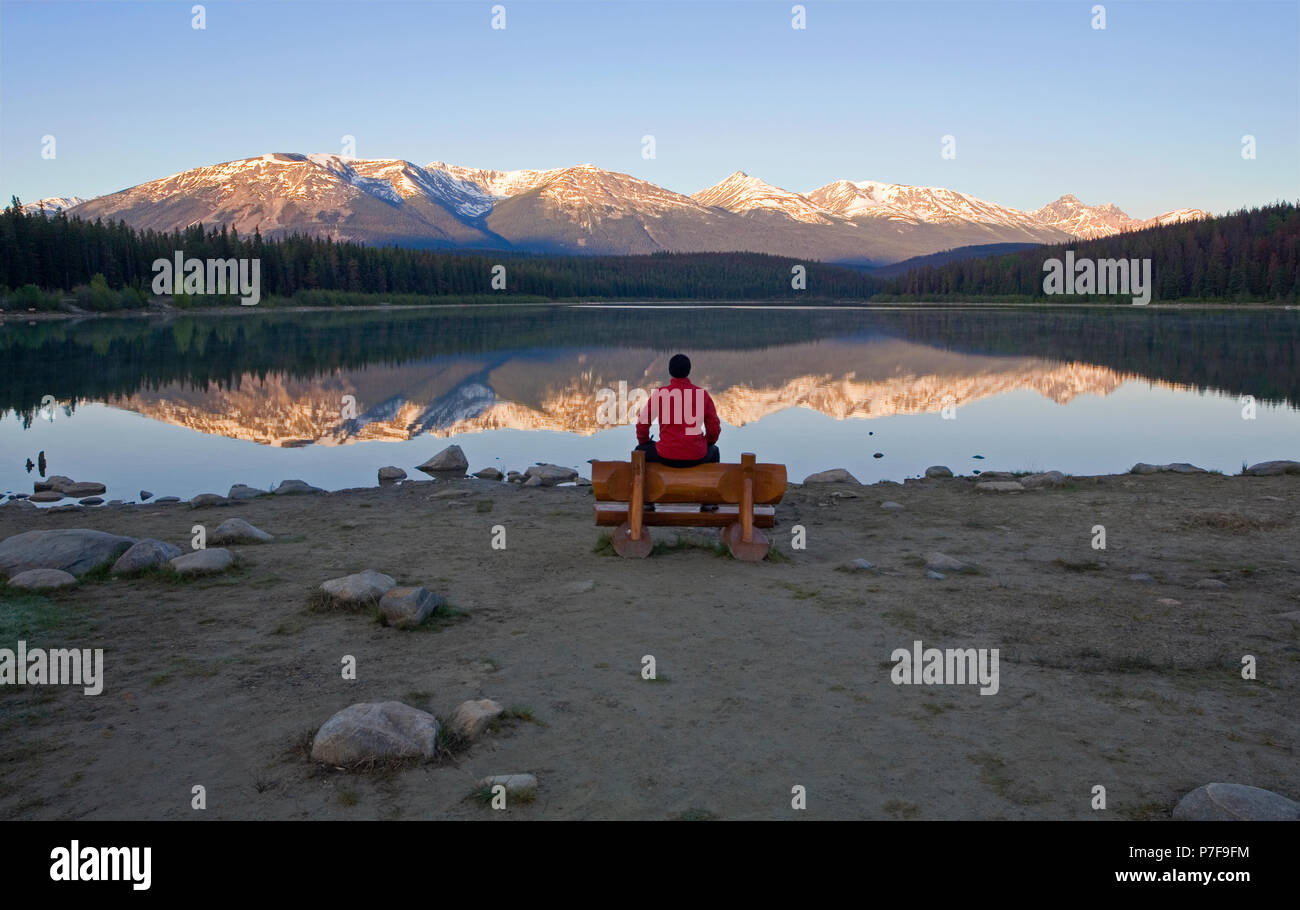 L'âge moyen des hommes assis sur un banc à la recherche de Patricia Lake à l'aube, Jasper National Park, Alberta, Canada. Banque D'Images