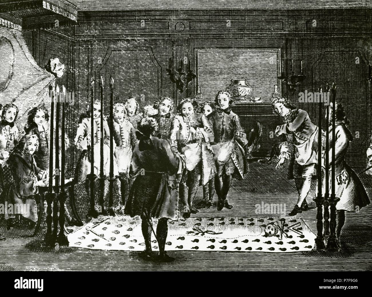 La Franc-maçonnerie. Réunion de la loge maçonnique dans l'iniciation de cérémonie d'un nouveau membre. La gravure. 18e siècle. Banque D'Images