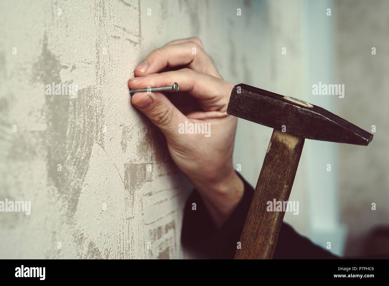 Close-up of handyman marteler un clou en conseil. Notion de réparation et de rénovation. Guy marteler un clou dans un mur de plâtre. Banque D'Images