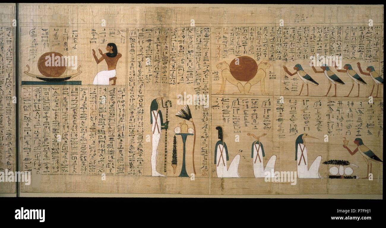 La civilisation égyptienne, troisième période intermédiaire, Dynasty XXI-XXII. Papyrus mythologiques de Imenemsauf, Chef porteur d'Amon. Détail, le défunt adorant le soleil levant sur le bateau ; hymne au soleil représenté par deux lions. Musée : Louvre, Dpt. des antiquites Egyptiennes. Banque D'Images