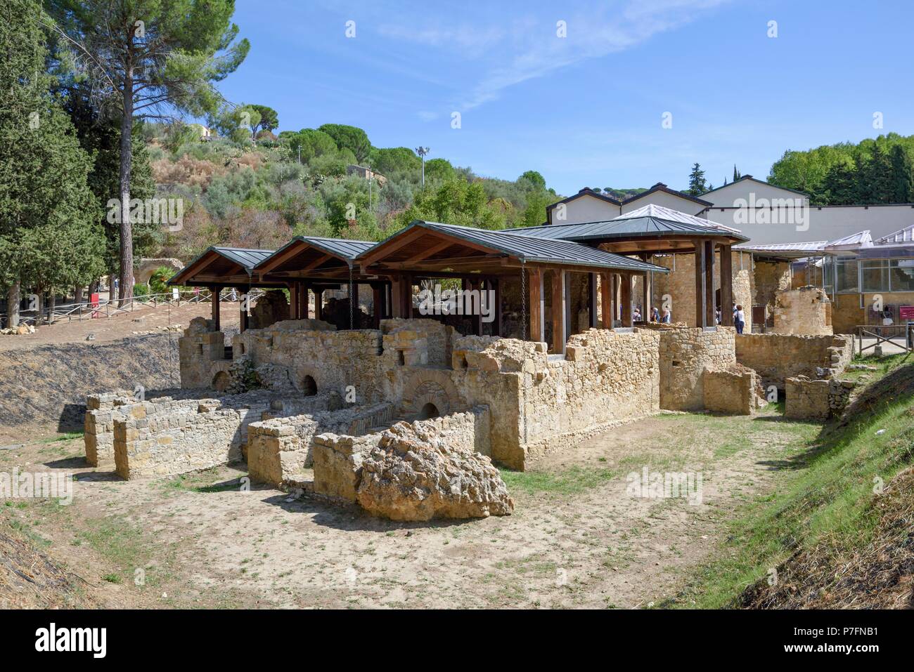 Vue de la Villa Romana del Casale, villa romaine à partir de la 4ème ANNONCE de siècle, Piazza Armerina, Province d'Enna, Sicile, Italie Banque D'Images