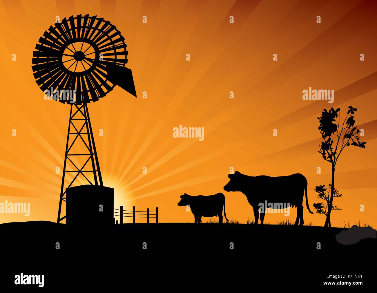 Moulin de l'Australie et les vaches dans les outbacks Illustration de Vecteur