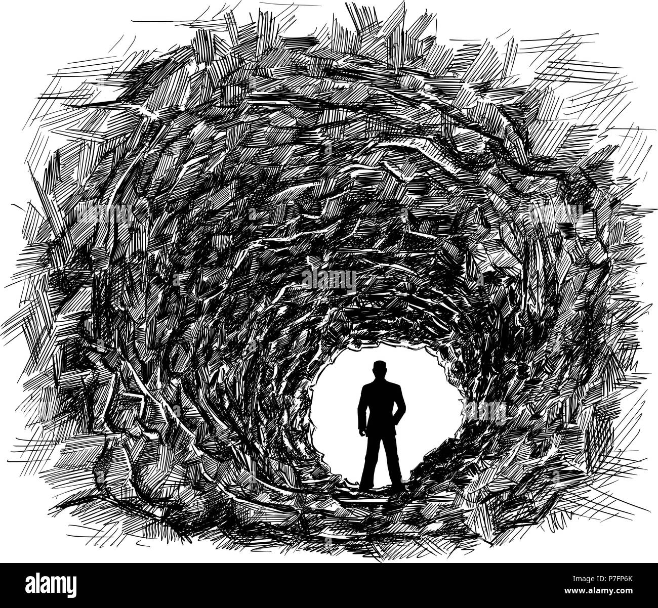 Vector Illustration dessin artistique de la grotte Tunnel dans la roche, Silhouette d'affaires à la lumière. Illustration de Vecteur