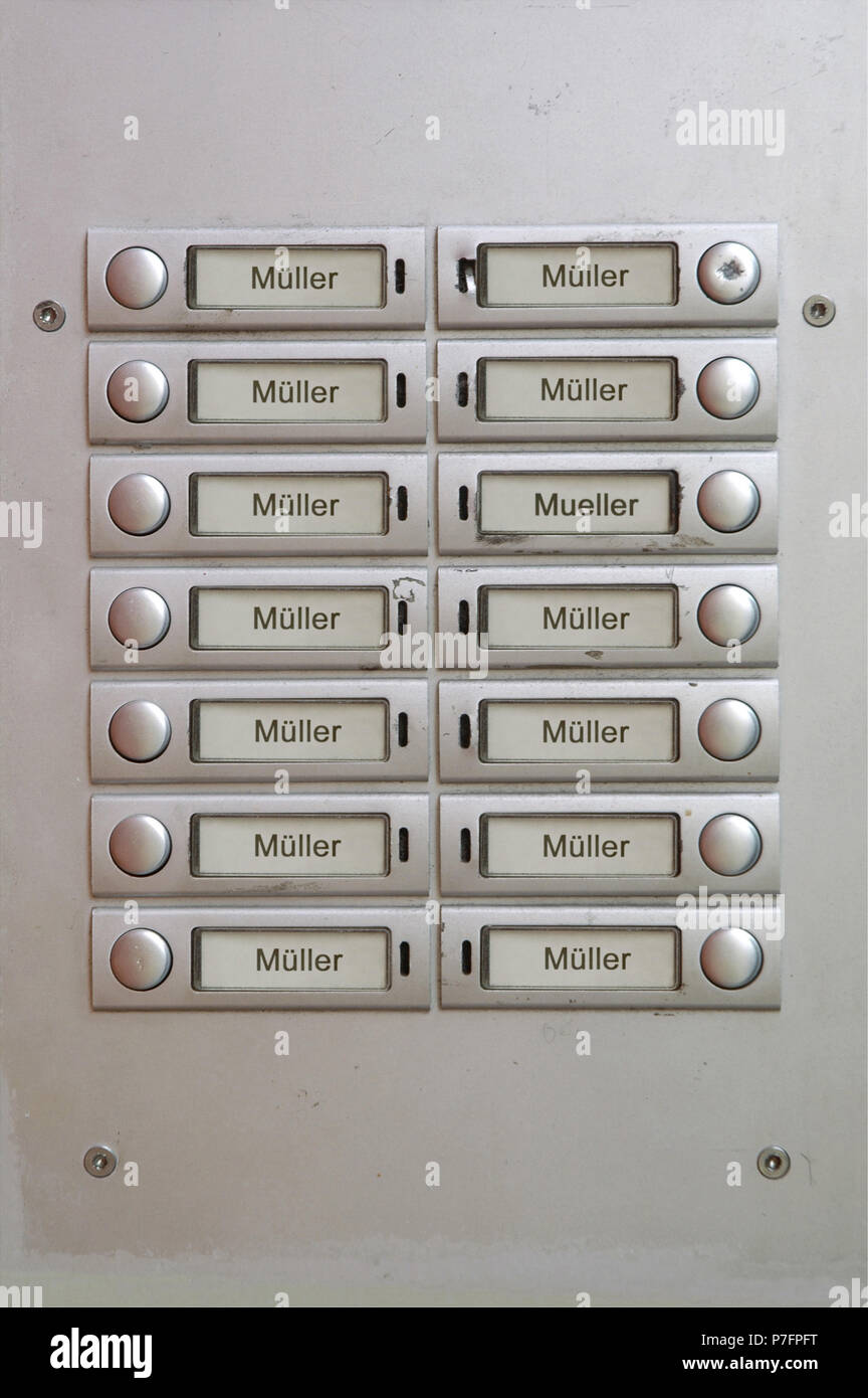 De nombreuses plaques de Bell porte tous avec le nom Müller, Berlin, Allemagne Banque D'Images