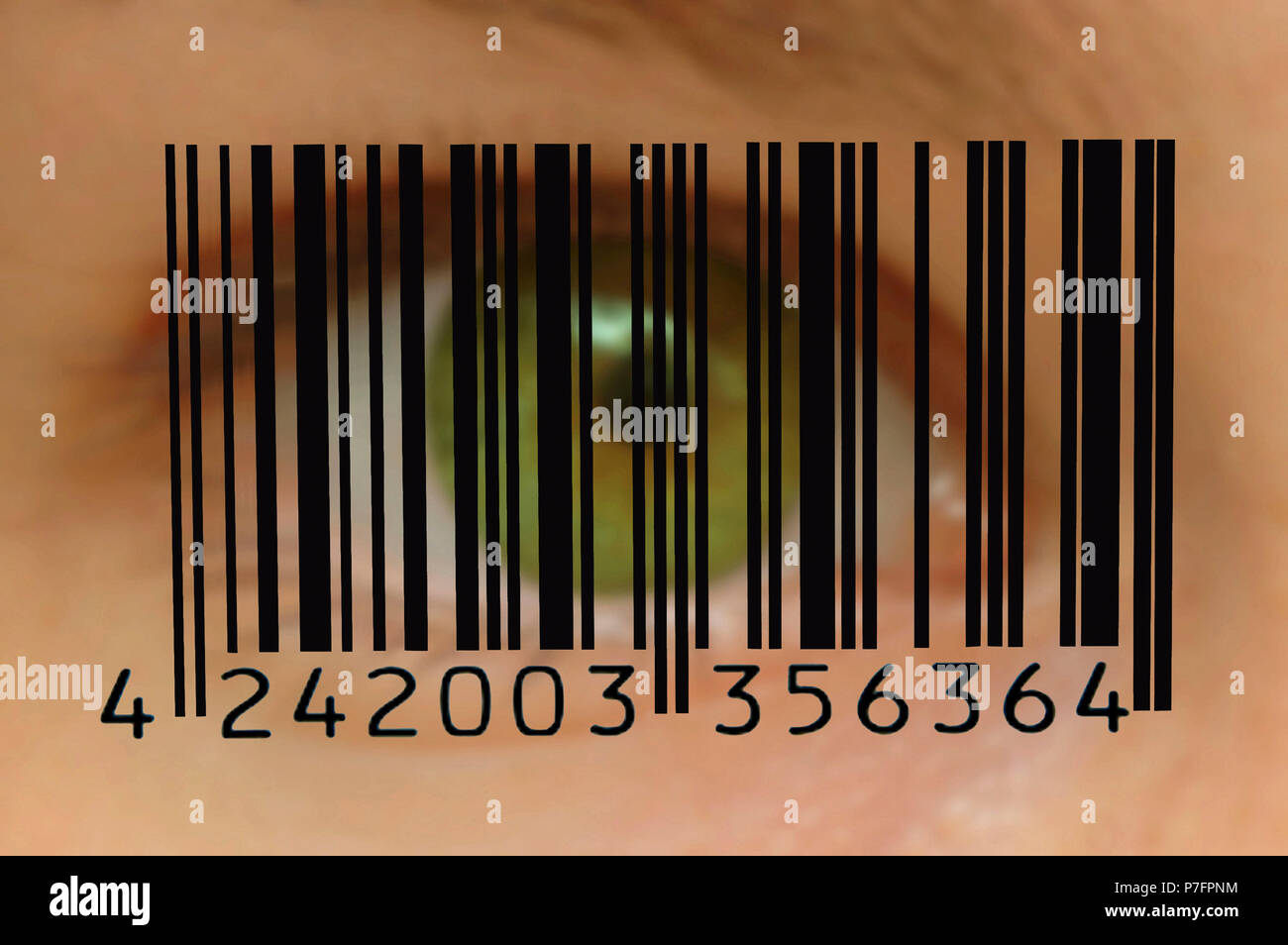 Code-barres en face de Green Eye, symbole photo d'identité et de l'état surveillance Banque D'Images