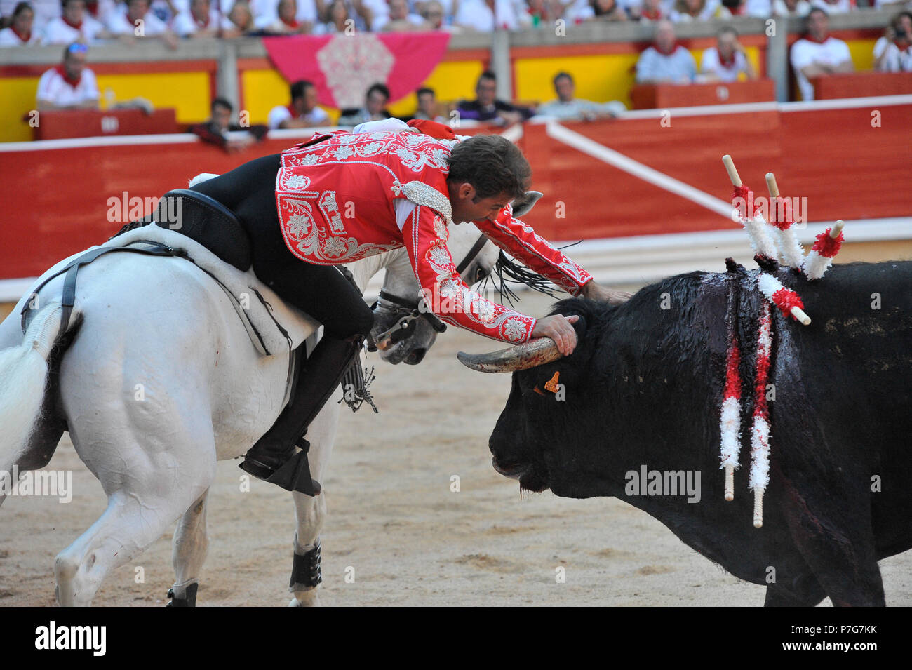 Pamplona, Espagne. 6e juillet 2018. Toréro Pablo Hermoso de Mendoza lors d'une corrida à cheval à la San Fermin Fêtes de Pampelune, Espagne, le 6 juillet 2018. Credit : Mikel Cia da Riva/Alamy Live News Banque D'Images