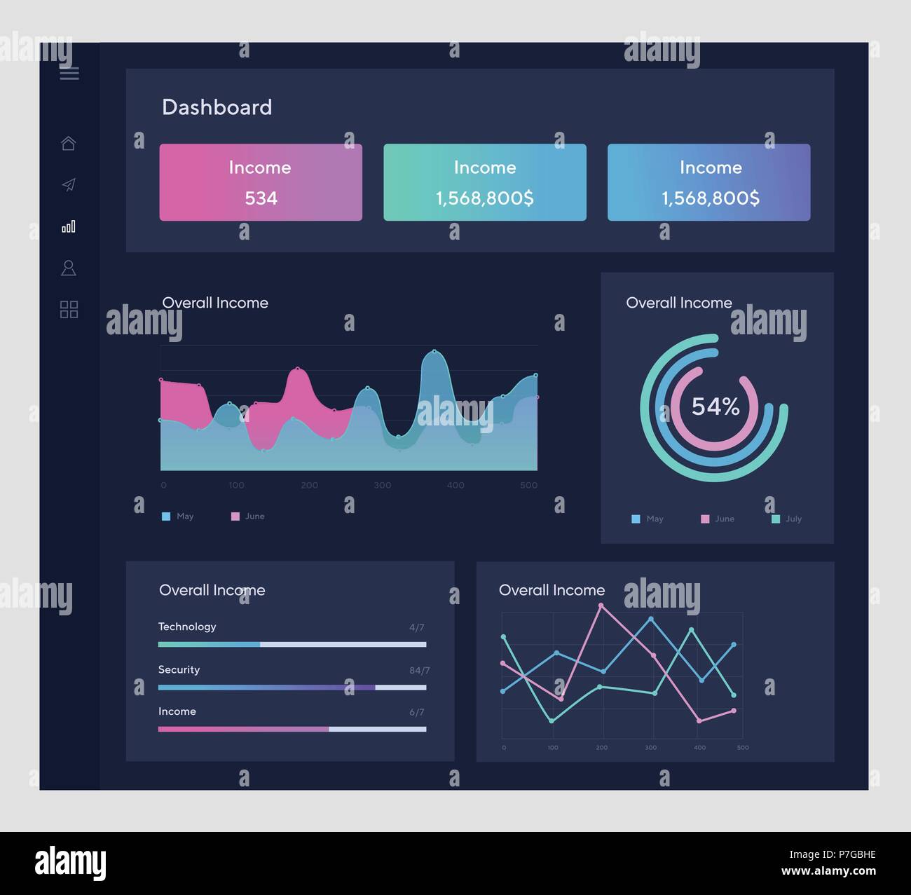 Infographic template design plat avec des graphiques statistiques quotidiennes, planche de bord, les diagrammes à secteurs, workflow, web design, éléments d'interface utilisateur. Gestion de réseau avec l'écran des données des tableaux et des diagrammes. Illustration de Vecteur