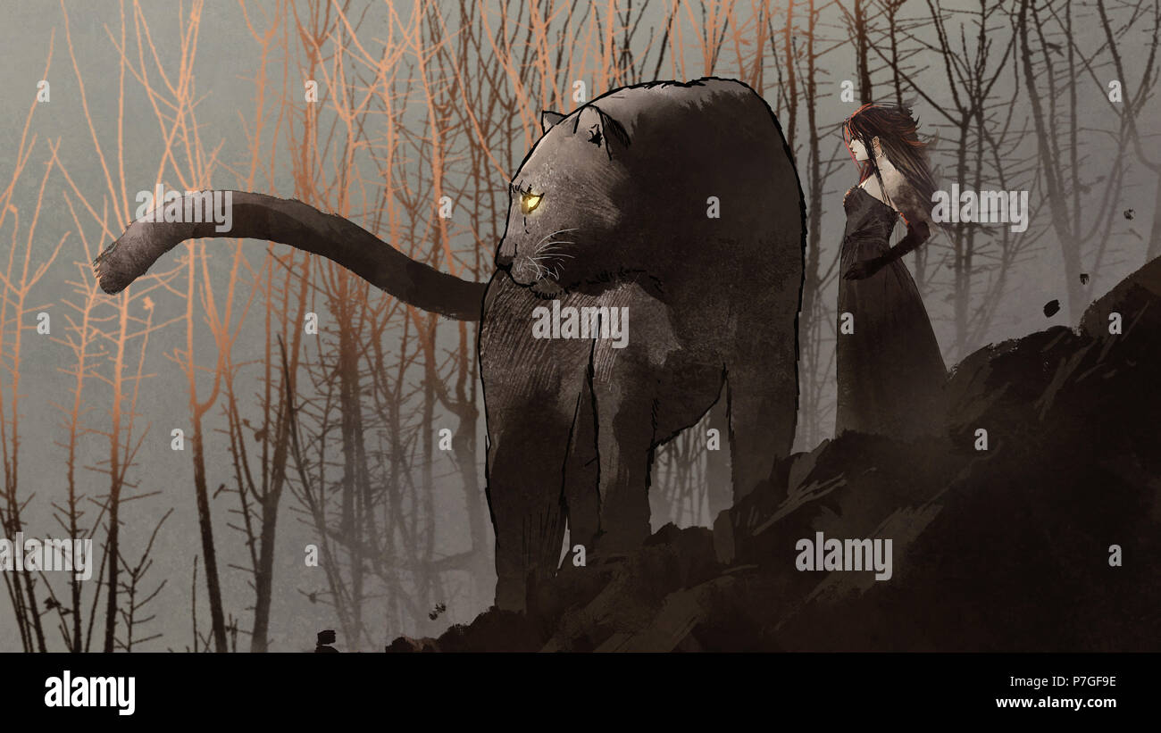 Panthère noire géante et son propriétaire debout sur rock mountain, style art numérique, illustration peinture Banque D'Images