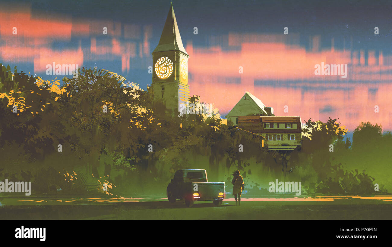 L'homme avec son camion debout devant l'ancienne église en forêt au coucher du soleil, de l'art numérique, style peinture illustration Banque D'Images