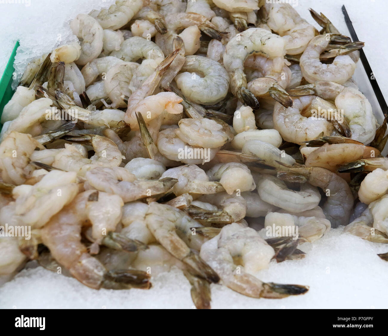 Les crevettes crues sur glace au marché de fruits de mer Banque D'Images