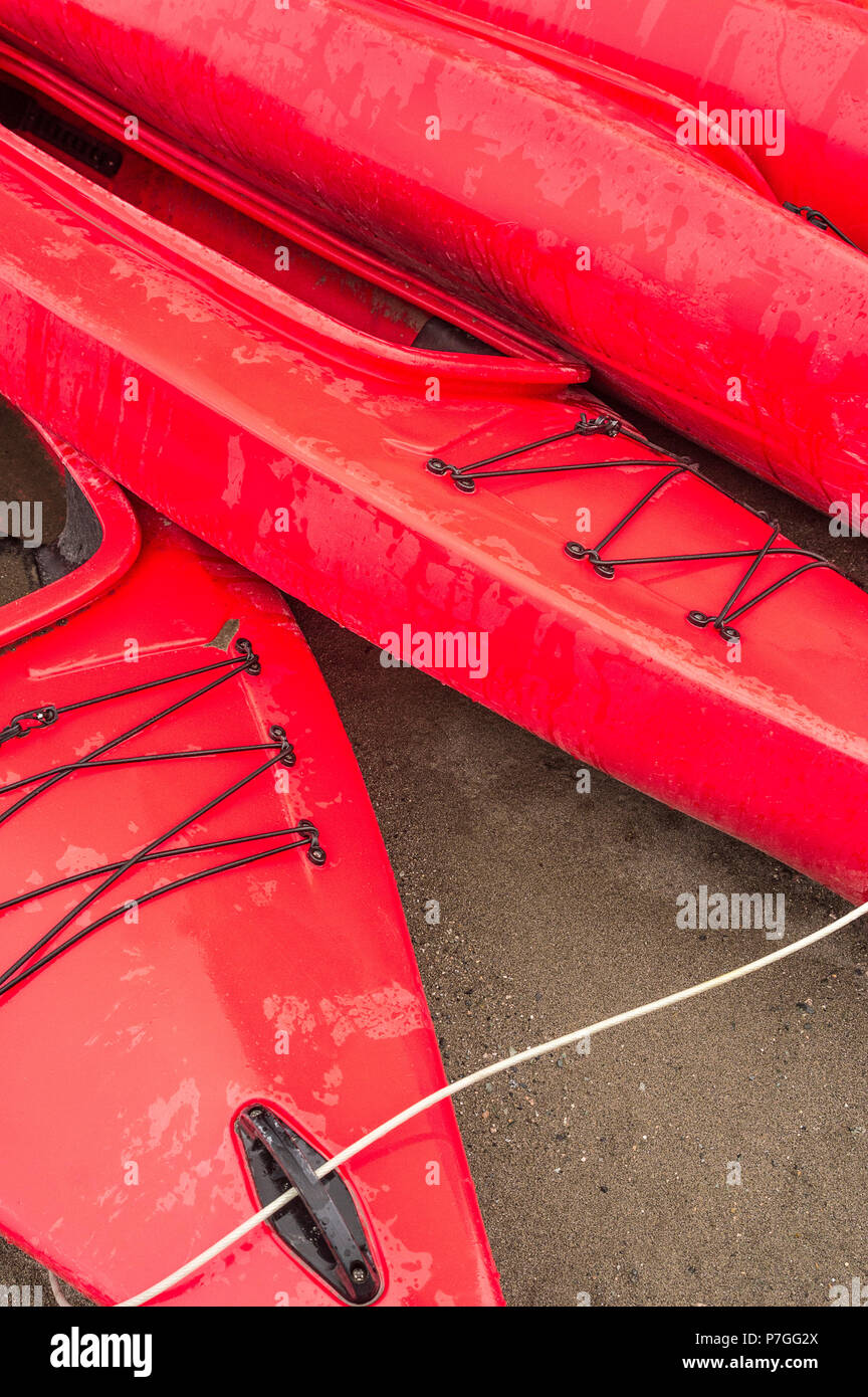 Plastique rouge vide à louer des kayaks récréatifs ou de voitures, stockés sur une plage de sable un jour de pluie. La plage Crescent, Surrey, Colombie-Britannique, Canada. Banque D'Images