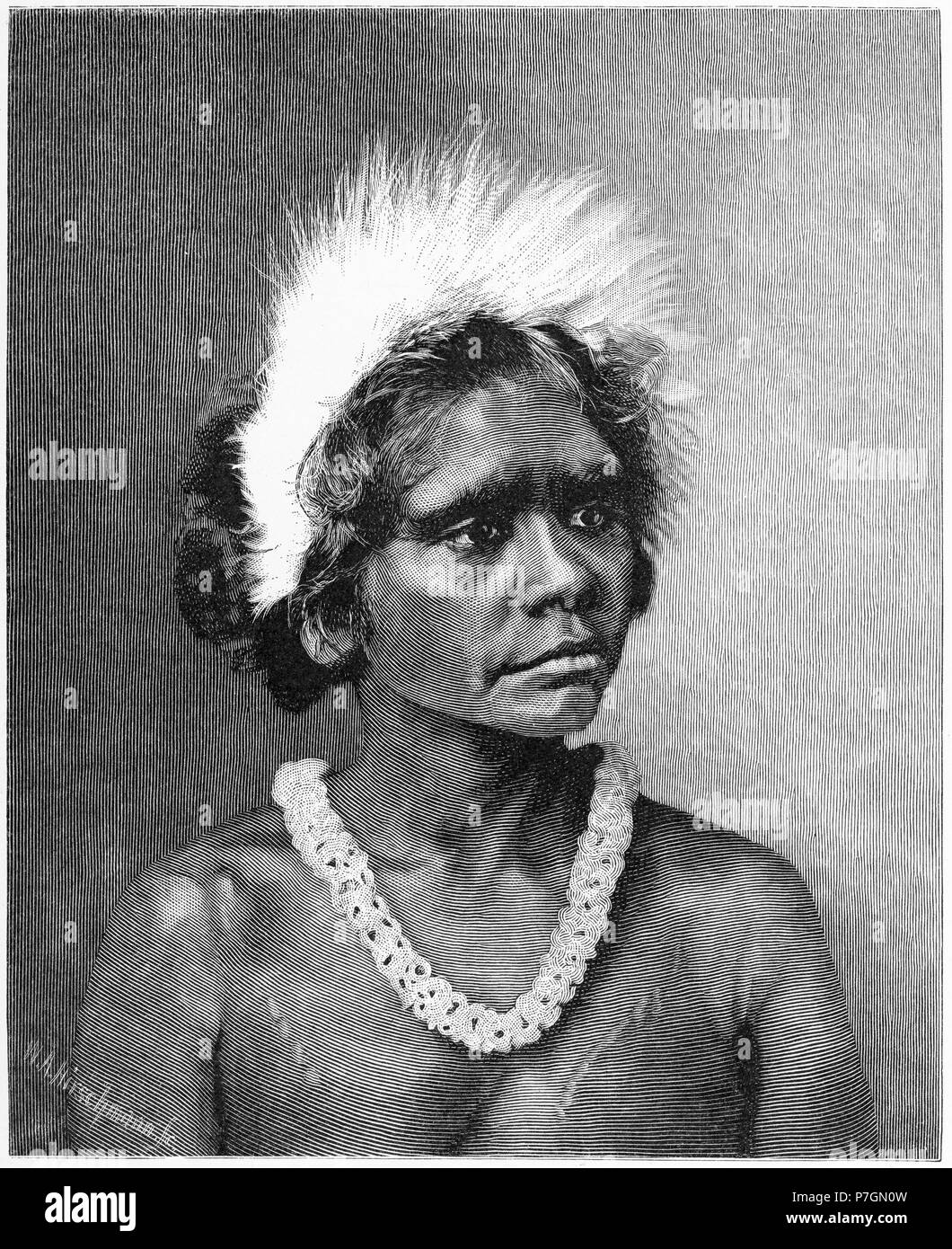 Gravure d'une femme autochtone, de l'Australie. À partir de l'Atlas pittoresque d'Australasie Vol 2, 1886 Banque D'Images