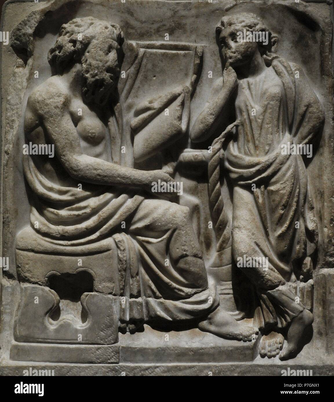 Fragment de sarcophage romain représentant un poète et Muse. Troisième trimestre de la 3ème ANNONCE de siècle. En. Le Musée de l'Ermitage. Saint Petersburg. La Russie. Banque D'Images