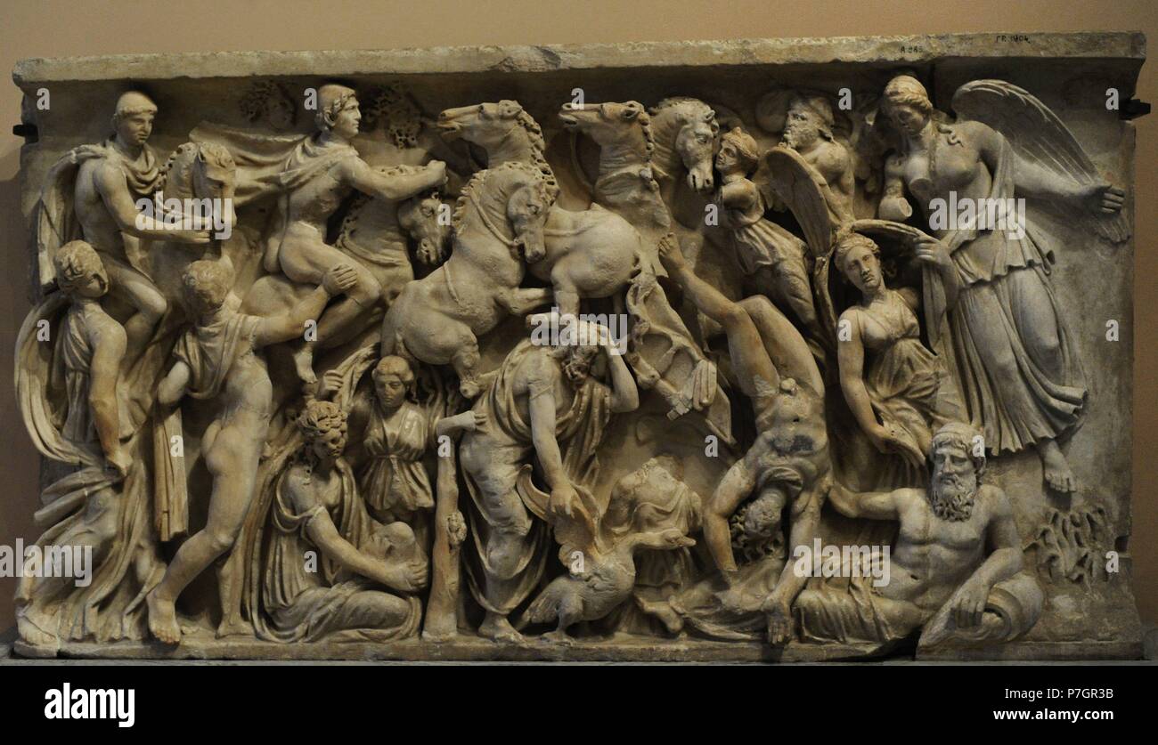 L'art roman sarcophage panneau représentant la chute de Phaeton. 2ème ANNONCE de siècle. En. Le Musée de l'Ermitage. Saint Petersburg. La Russie. Banque D'Images