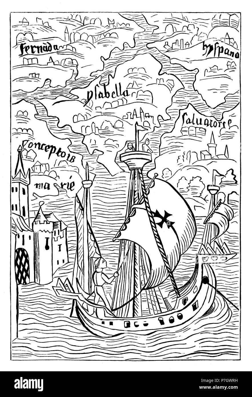 Mapa de las islas descubiertas en las Antillas por Cristóbal Colón. Gravure del siglo XV. Facsímil de 1877. Banque D'Images