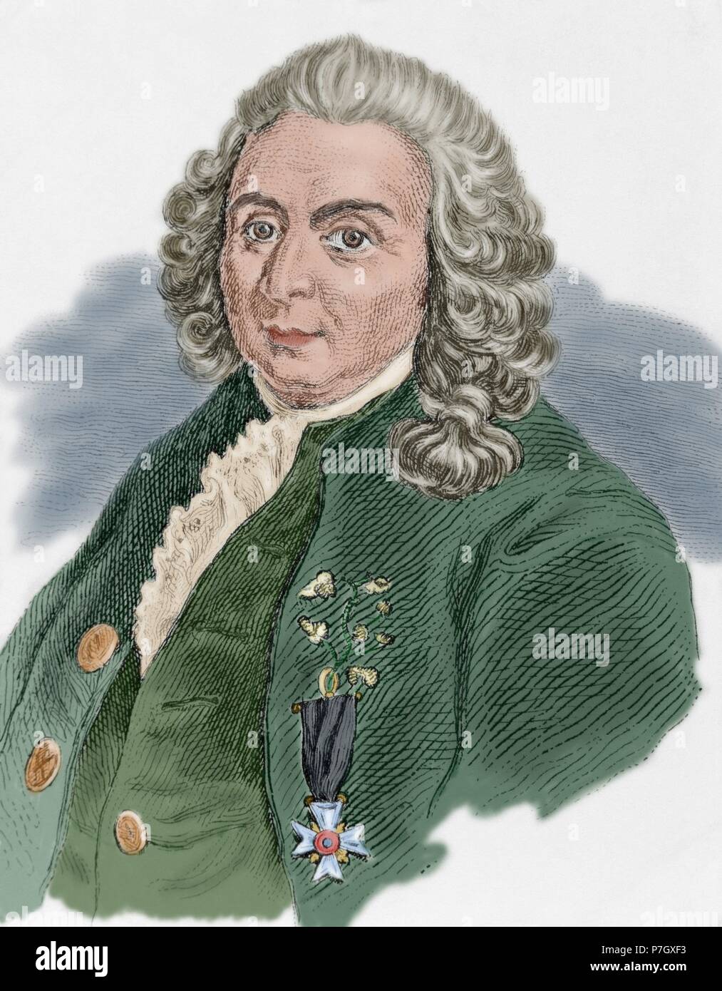 Carl von Linné (1707-1778). Médecin et botaniste suédois. Portrait. La gravure. De couleur. Banque D'Images