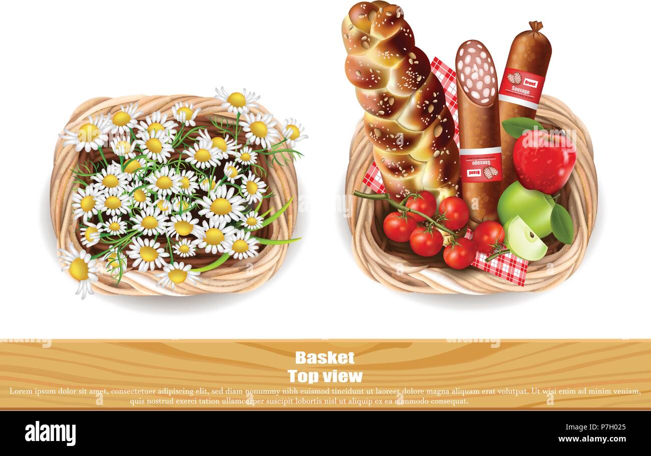 Panier plein de produits alimentaires et de la camomille Vector illustration Illustration de Vecteur