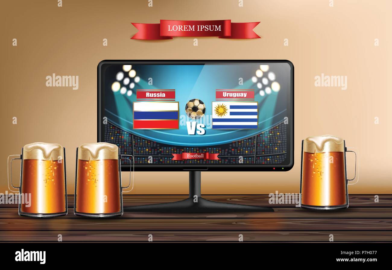 Écran plat avec match de football réaliste de vecteur. Verres sur table en bois Illustration de Vecteur