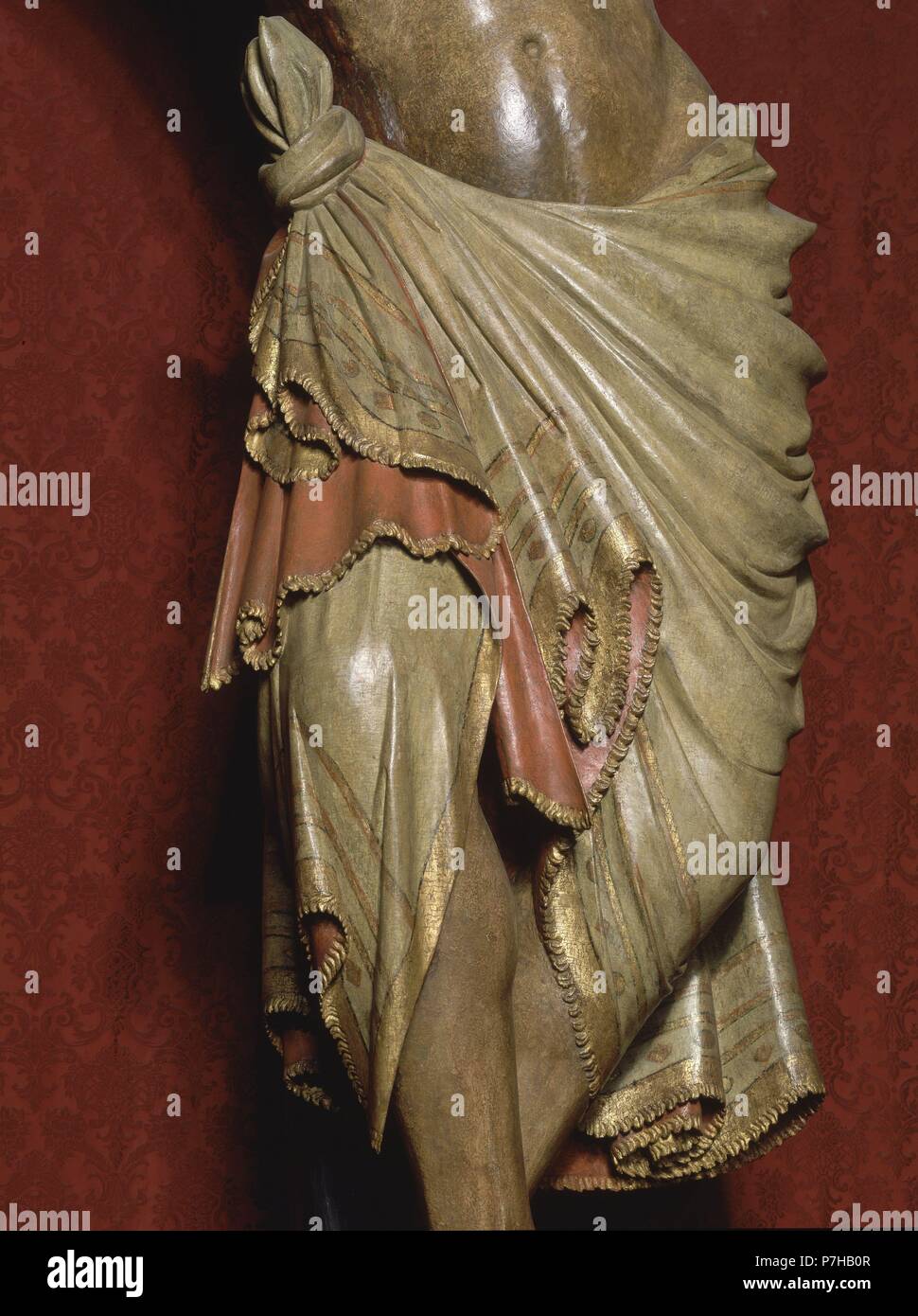 CRISTO DE SAN PEDRO - SIGLO XIV - DETALLE DEL PAÑO DE PUREZA. Emplacement : MARIENKIRCHE, Sanlucar la Mayor, Séville, ESPAGNE. Banque D'Images