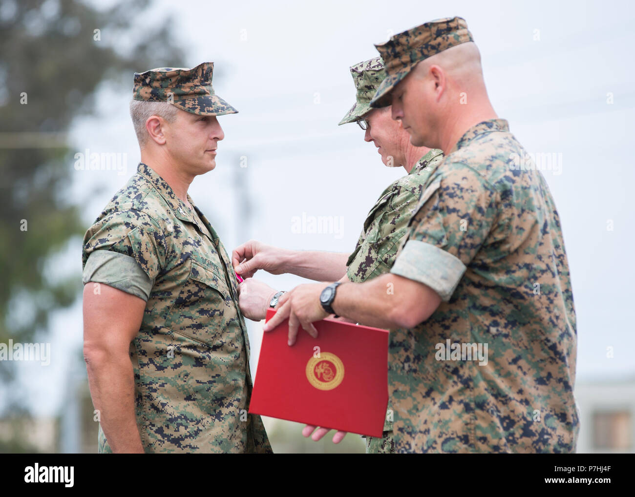 Le Capitaine de vaisseau américain Spencer T. Schoen, gauche, commandant sortant, Domaine Battalion-West FMTB (Formation médicale-W), reçoit une médaille de la Légion du Mérite de l'arrière Adm. Brian S. Pecha, center, U.S. Marine Corps Reserve, chirurgien de la flotte La flotte des États-Unis, au cours d'une cérémonie de passation de commandement au Marine Corps Base Camp Pendleton, en Californie, le 29 juin 2018. Spencer a reçu la médaille de la Légion du mérite pour services exceptionnels et conduite méritoire exceptionnel en tant que commandant du FMTB-W de juin 2016 à juin 2018. (U.S. Marine Corps photo par le Cpl. Lukas Kalinauskas) Banque D'Images