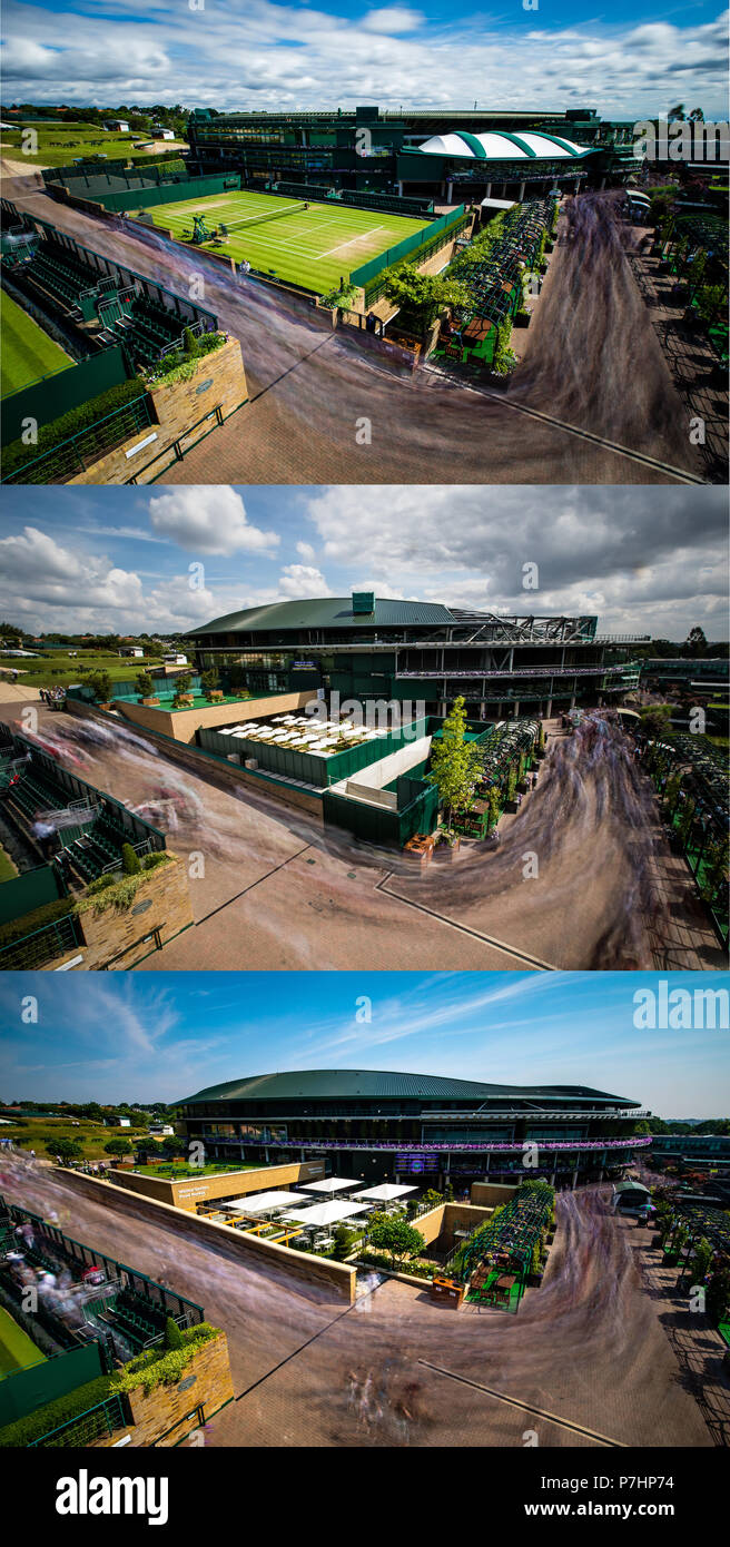 Une image composite (2016, 2017 haut au milieu et en bas aujourd'hui) montrant la progression des travaux dans les motifs sur le plan directeur et le toit de Wimbledon un à la cour de Wimbledon à l'All England Lawn Tennis et croquet Club, Wimbledon. Banque D'Images