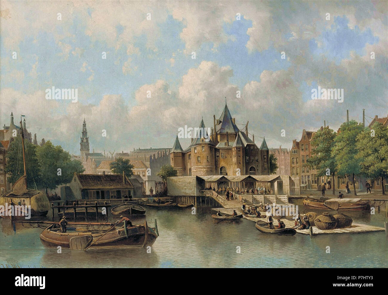 Johannes Hilverdink - le Nieuwmarkt avec la Waag Amsterdam Banque D'Images