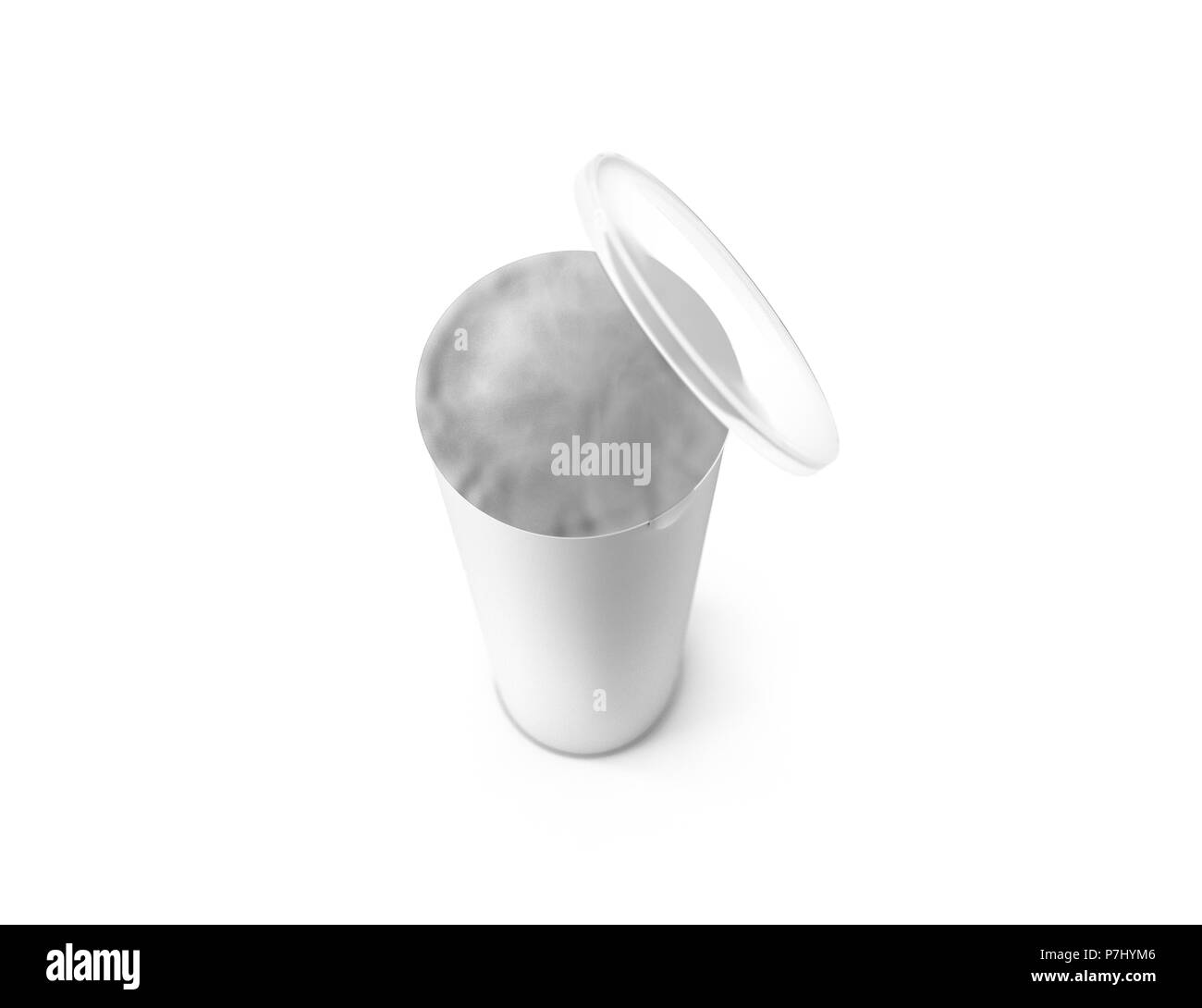 Carton blanc et vide la boîte de culasse, la maquette vue de dessus, l'effet de profondeur de champ, rendu 3d. Tube cylindrique clair contenant avec couvercle en plastique ouvert u simulé Banque D'Images