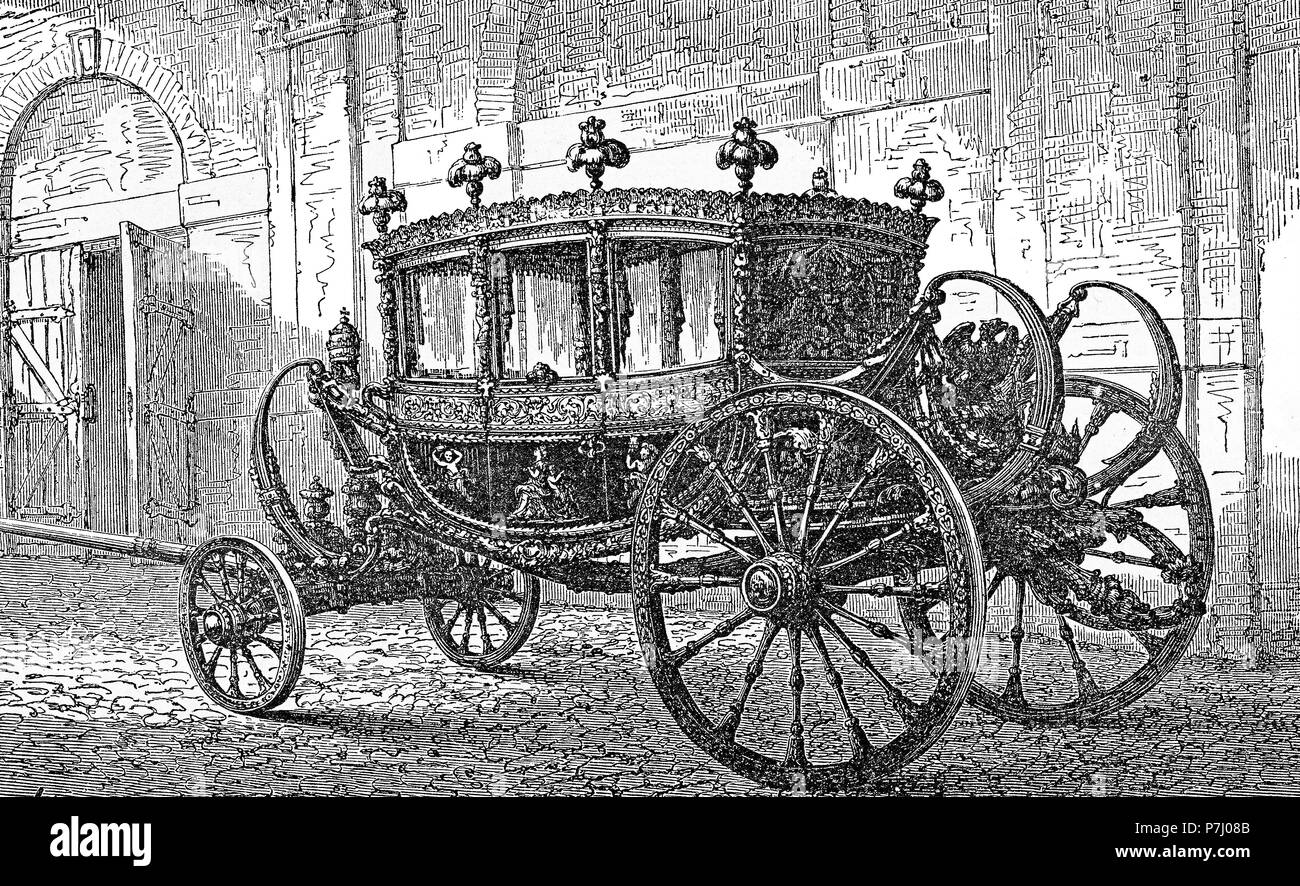 Gravure d'époque d'État, coach transport appartenant à un état pour royal l'utilisation, pour les visites d'état royal, mariages et autres cérémonies haut Banque D'Images