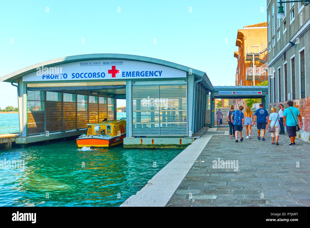 Venise, Italie - le 18 juin 2018 : le service d'urgence médicale boat station - Pronto Soccorso (c). Banque D'Images