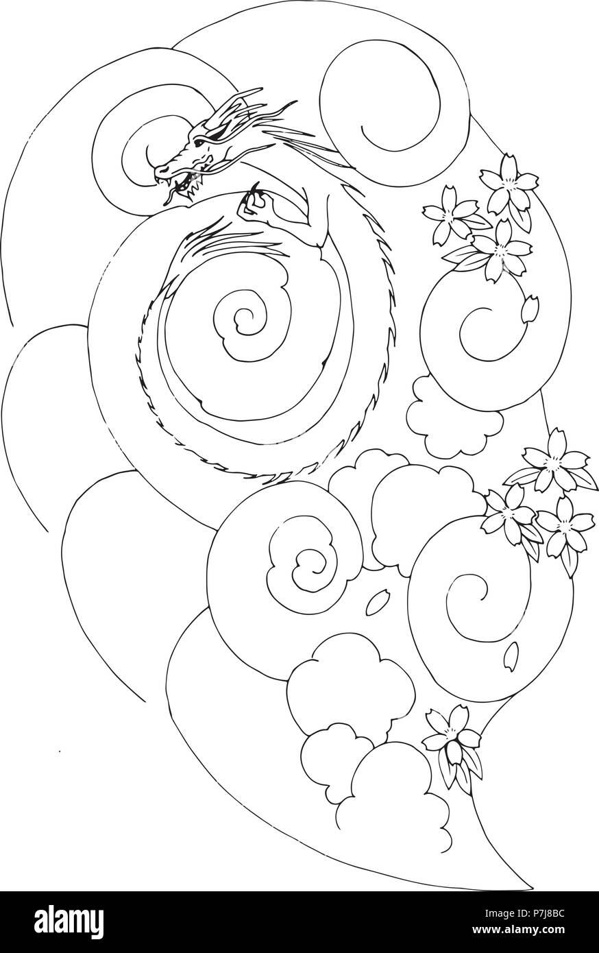 Dragon Serpent Tatouage Fleurs Nuages Lines Illustration de Vecteur