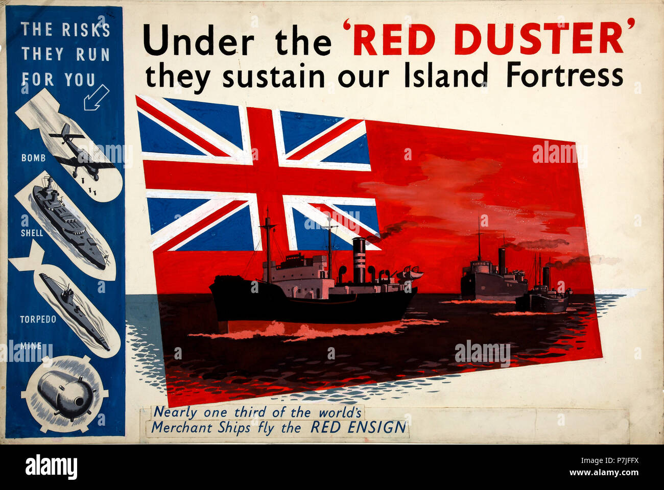 L'affiche de la Seconde Guerre mondiale mettant en lumière les dangers de guerre que le red ensign de la marine marchande face Banque D'Images