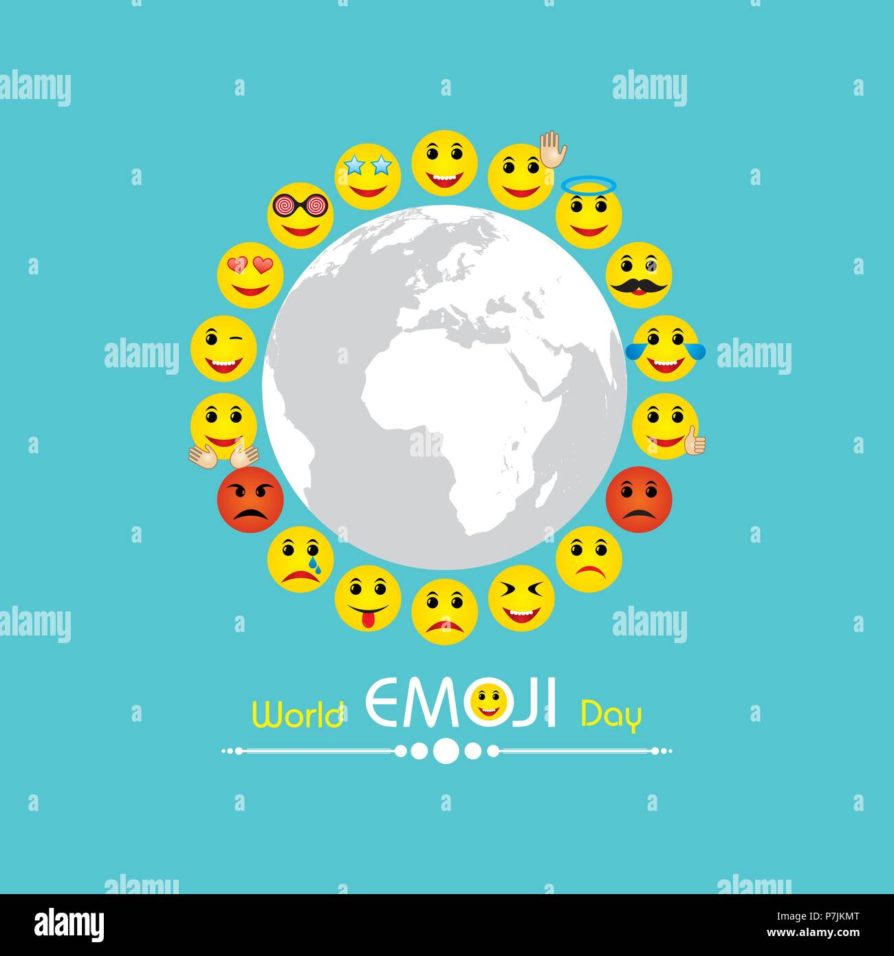 Carte de souhaits jour emoji monde modèle design avec différents sentiments Illustration de Vecteur