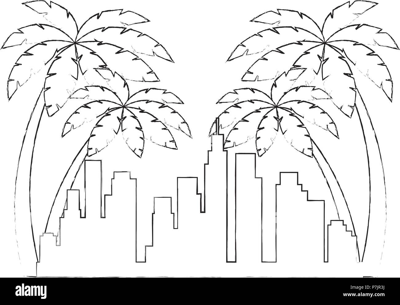 Cityscape bâtiments avec scène silhouette palms Illustration de Vecteur