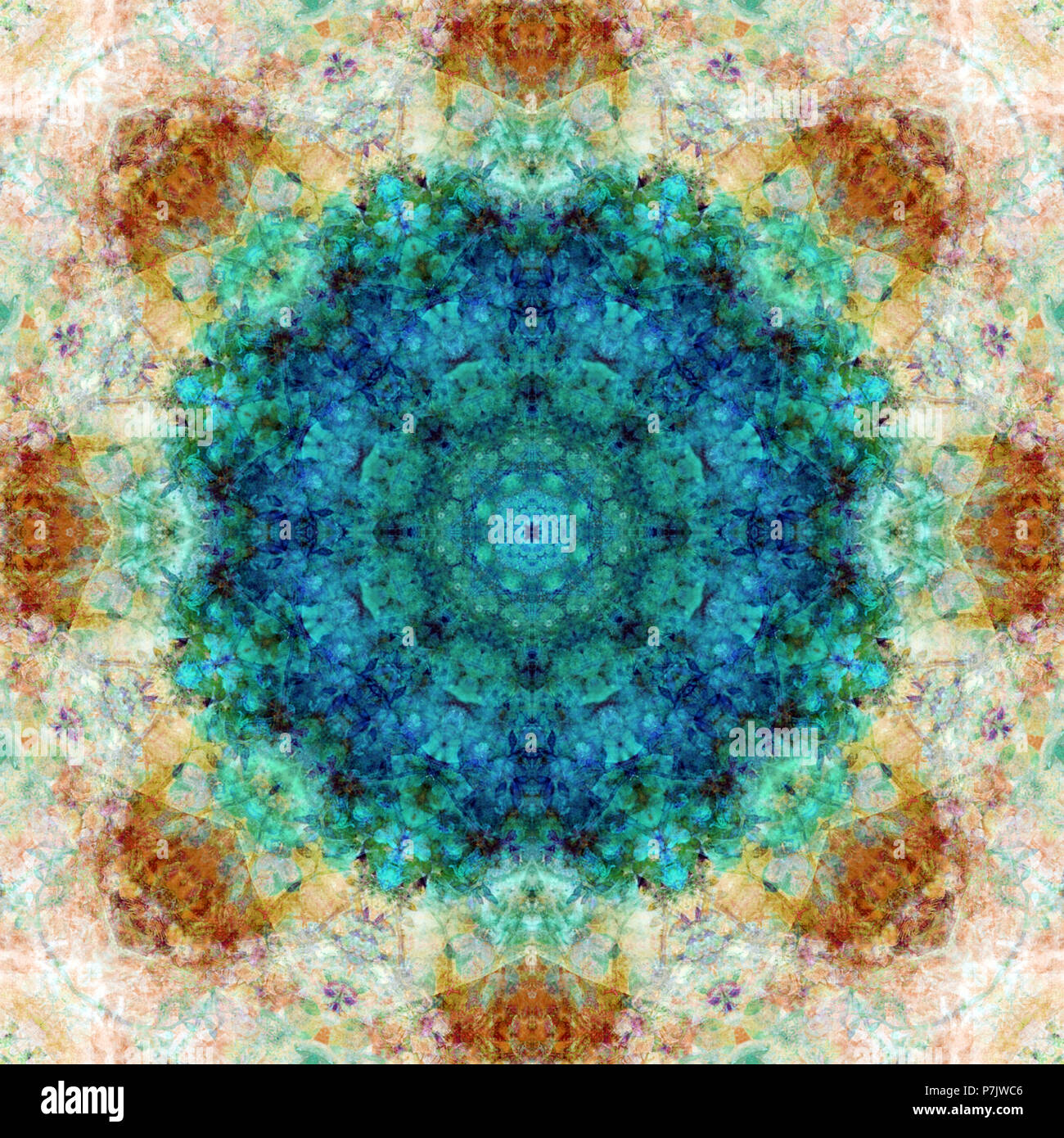 Mandala fleur photographique, bleu, turquoise, beige, marron, Banque D'Images