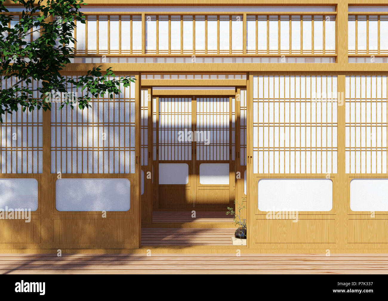 Shoji japonais traditionnel en bois, de porte extérieur de bâtiment traditionnel japonais, 3D Rendering Banque D'Images