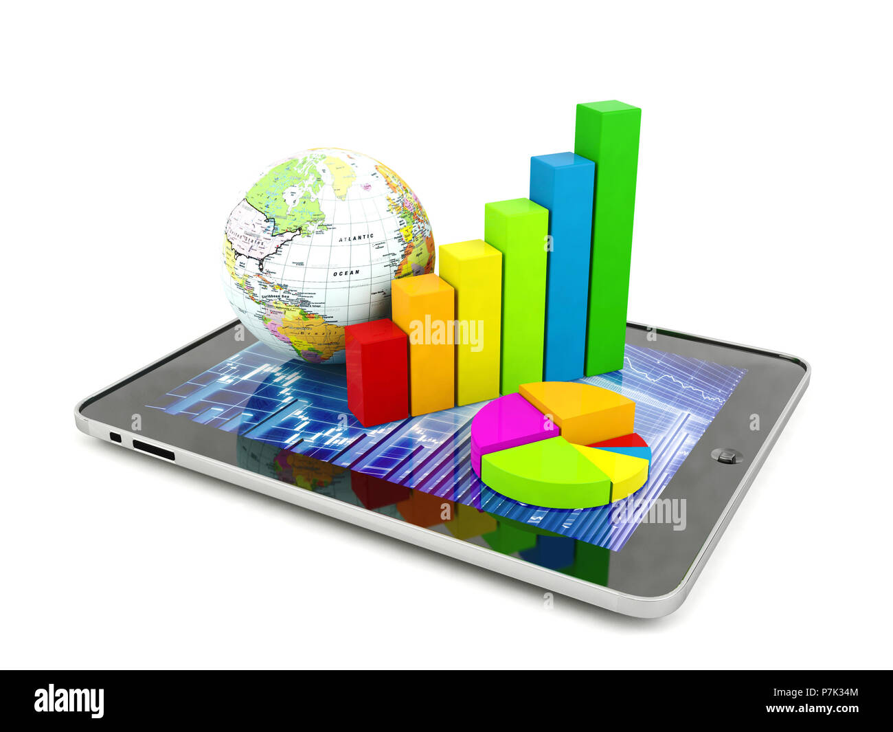 Diagramme à barres, diagramme et globe sur tablette. Concept de l'analyse financière Banque D'Images