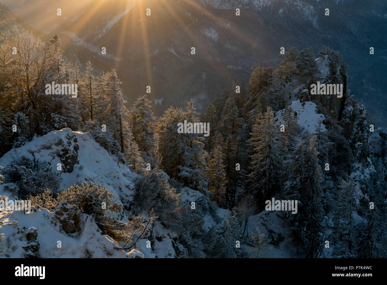 Soirée d'hiver sur le lac Kochelsee Graseck, au, Alpes bavaroises, Upper Bavaria, Bavaria, Germany Banque D'Images