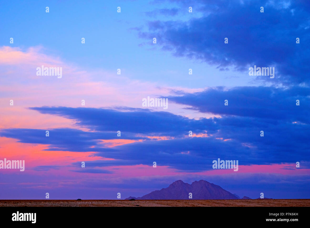 L'humeur du soir après le coucher du soleil avec des nuages colorés sur une seule, vide paysage désertique avec mountain en Namibie, heure bleue, Dorob National Park Banque D'Images