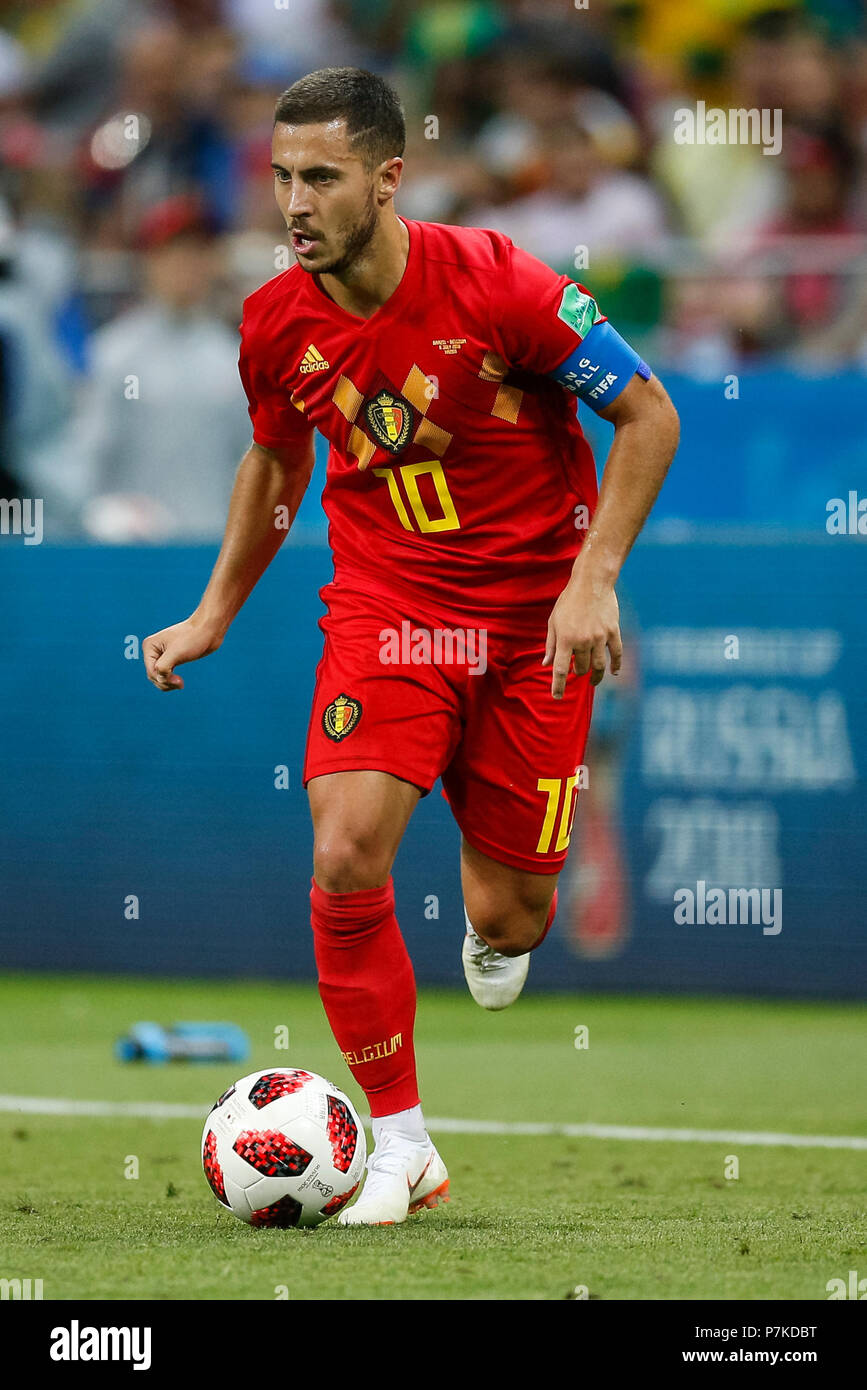Eden Hazard de Belgique durant la Coupe du Monde 2018 match de quart de  finale entre le Brésil et la Belgique à Kazan Arena le 6 juillet 2018 à  Kazan, Russie. (Photo