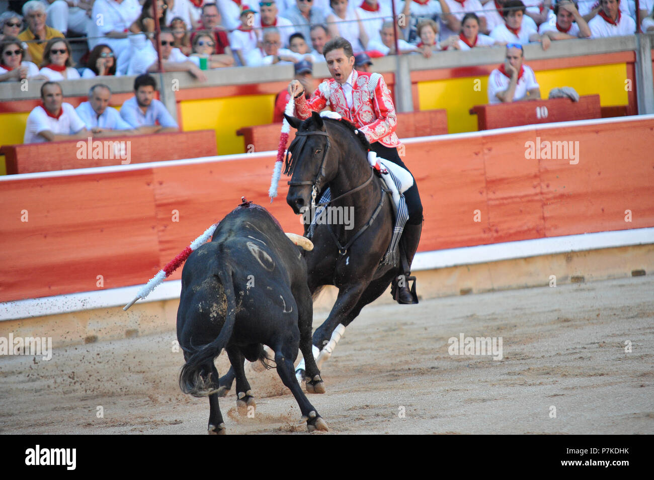 Pamplona, Espagne. 7 juillet 2018. Toréro Pablo Hermoso de Mendoza lors d'une corrida à cheval à la San Fermin Fêtes de Pampelune, Espagne, le 6 juillet 2018. A Medellin corrida de Primera en las Fiestas de San Fermín Crédit : CORDON PRESS/Alamy Live News Banque D'Images