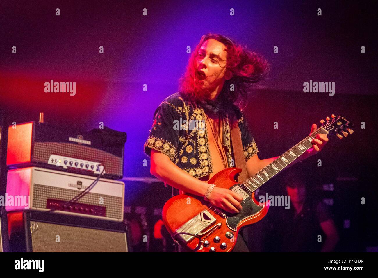 Toronto, Ontario, Canada. 6 juillet, 2018. Amrican rock band 'Greta Van Fleet' effectué sold out show à Rebel club à Toronto, Ontario. Membres du groupe : JOSH KISZKA, JAKE KISZKA KISZKA, SAM, DANNY WAGNER Crédit : Igor Vidyashev/ZUMA/Alamy Fil Live News Banque D'Images