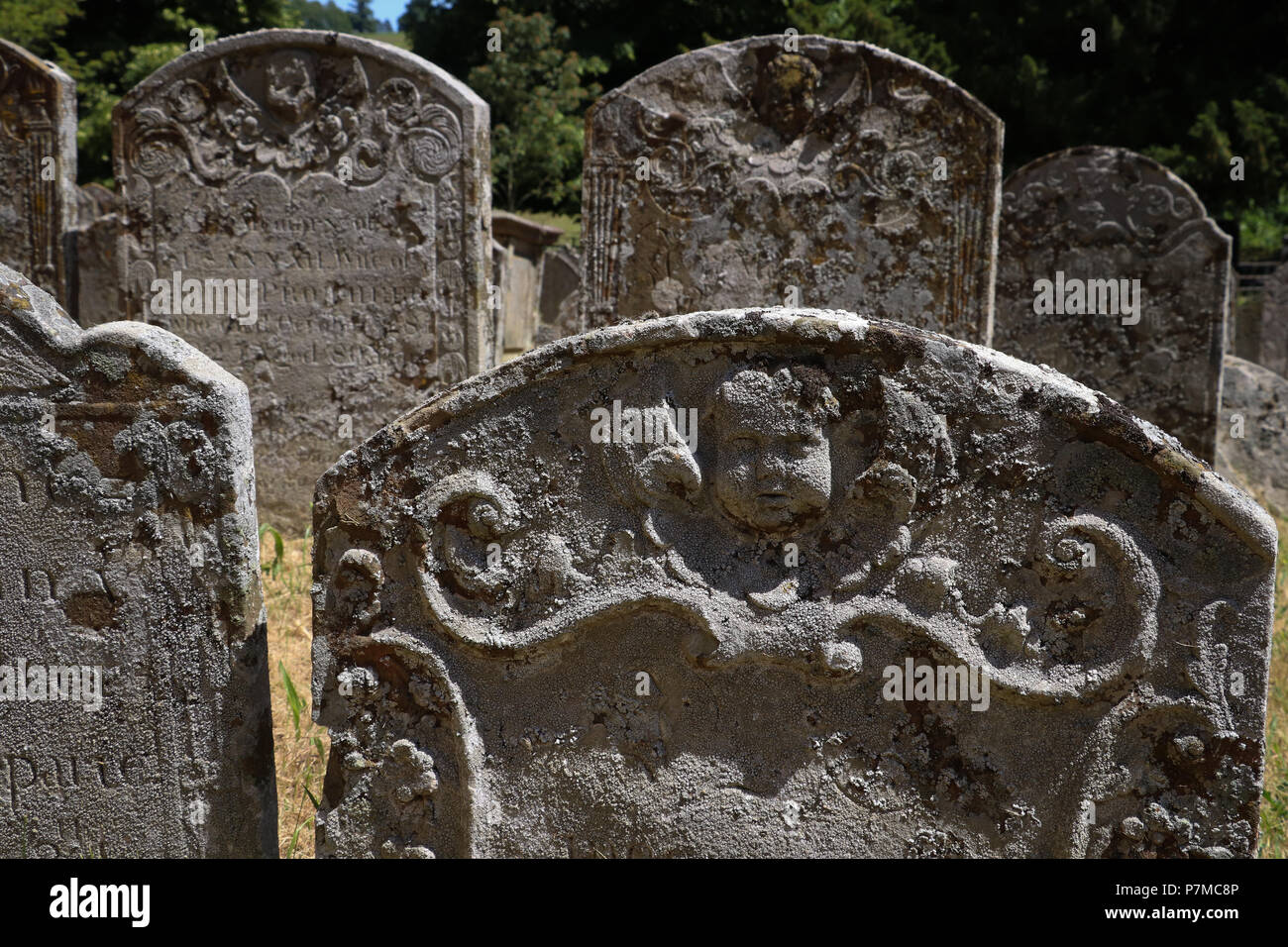 Plusieurs pierres tombales du 19ème siècle avec sculptures funéraires de chérubins ou putti avec de grosses joues, à l'église Sainte Marie de Kentchurch. Banque D'Images