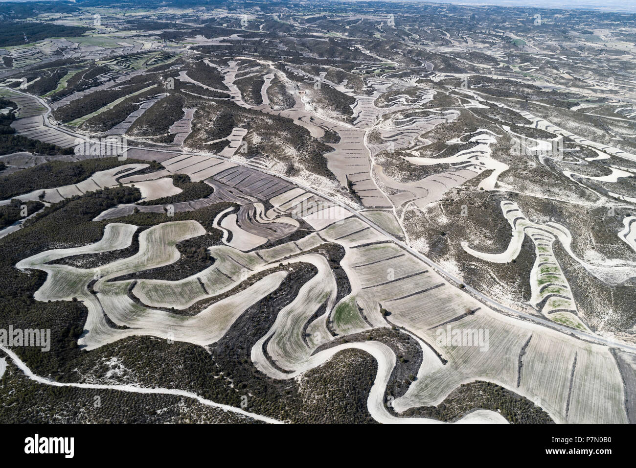 Vue aérienne de l'agriculture des zones arides. Castejon de Monegros, Huesca, Aragon, Espagne, Europe Banque D'Images