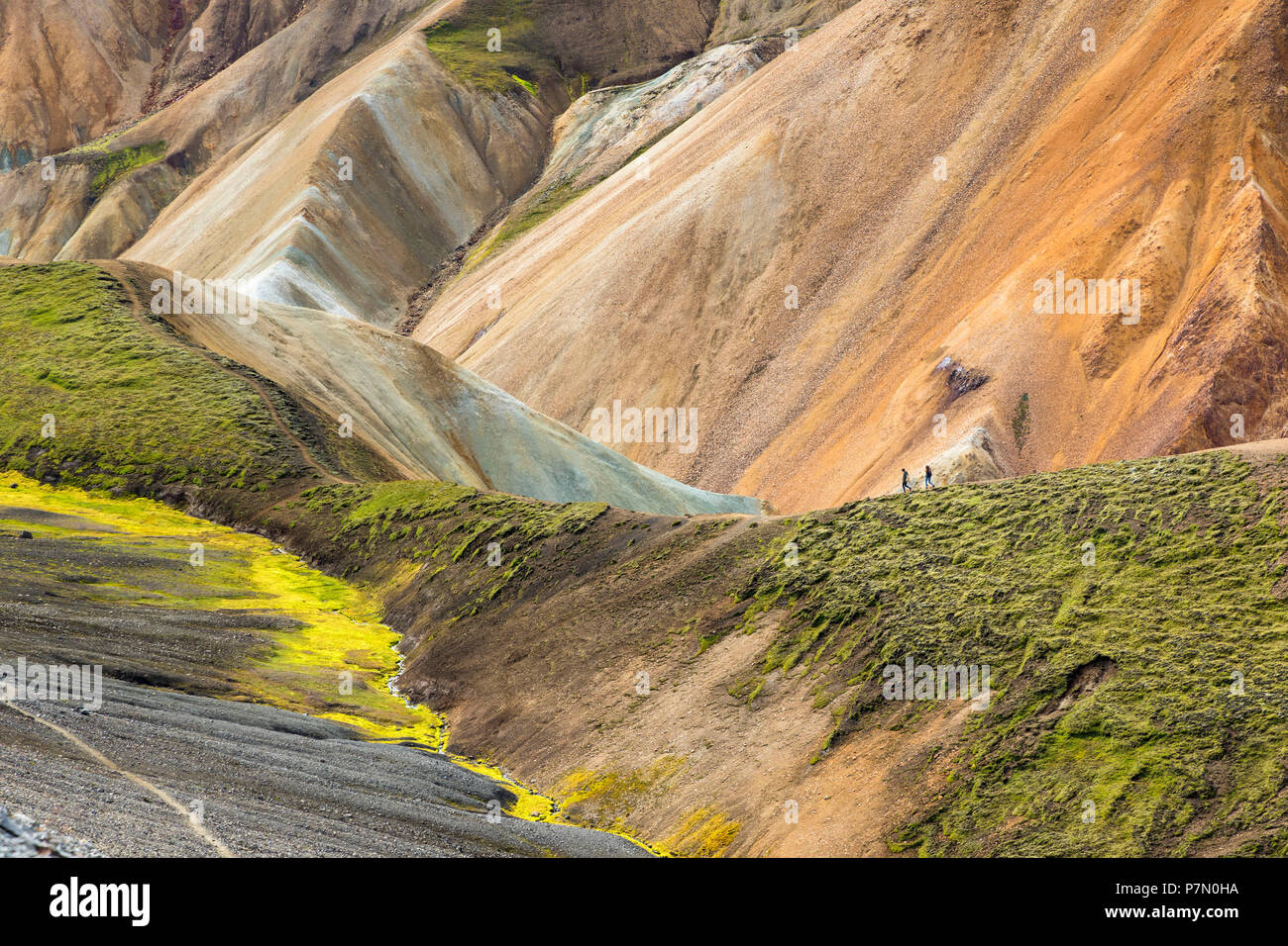 Les randonneurs sont à pied dans la réserve naturelle de Fjallabak, Landmannalaugar, Highlands, Région du Sud, Islande, Europe, Banque D'Images