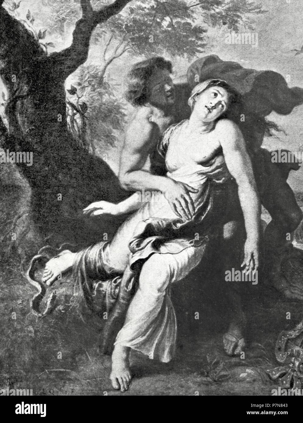 La mythologie grecque. La nymphe Eurydice, épouse d'Orphée, meurt d'une morsure de vipère quand elle les mesures qu'elle. La gravure. Banque D'Images