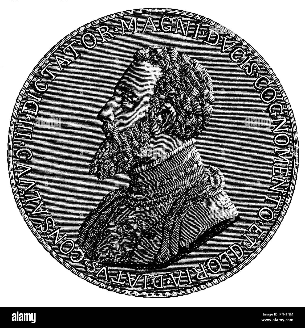 Gonzalo Fernández de Córdoba y Aguilar (né le 16 mars 1453, Montilla près de Cordoue, est mort le 2 décembre 1515, Grenade), l'Espagnol Général et homme d'État. Monnaie commémorative sur sa victoire sur les Français à Gerignola et Garigliano. Après Prescott, 1881 Banque D'Images