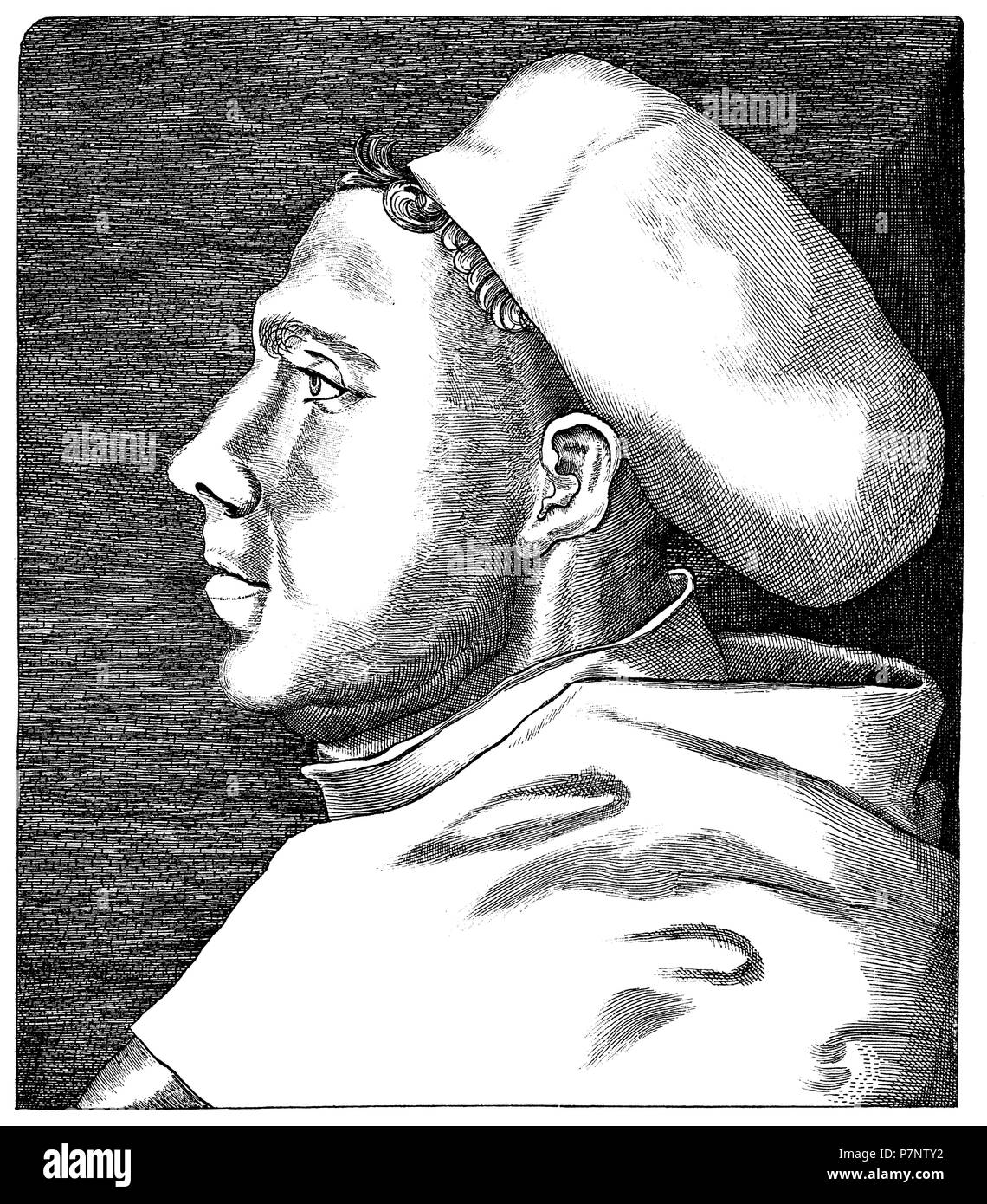 Martin Luther dans la 38e année de vie (toujours en vêtements religieux). Après une gravure par Lukas Cranach, Lucas Cranach 1881 Banque D'Images