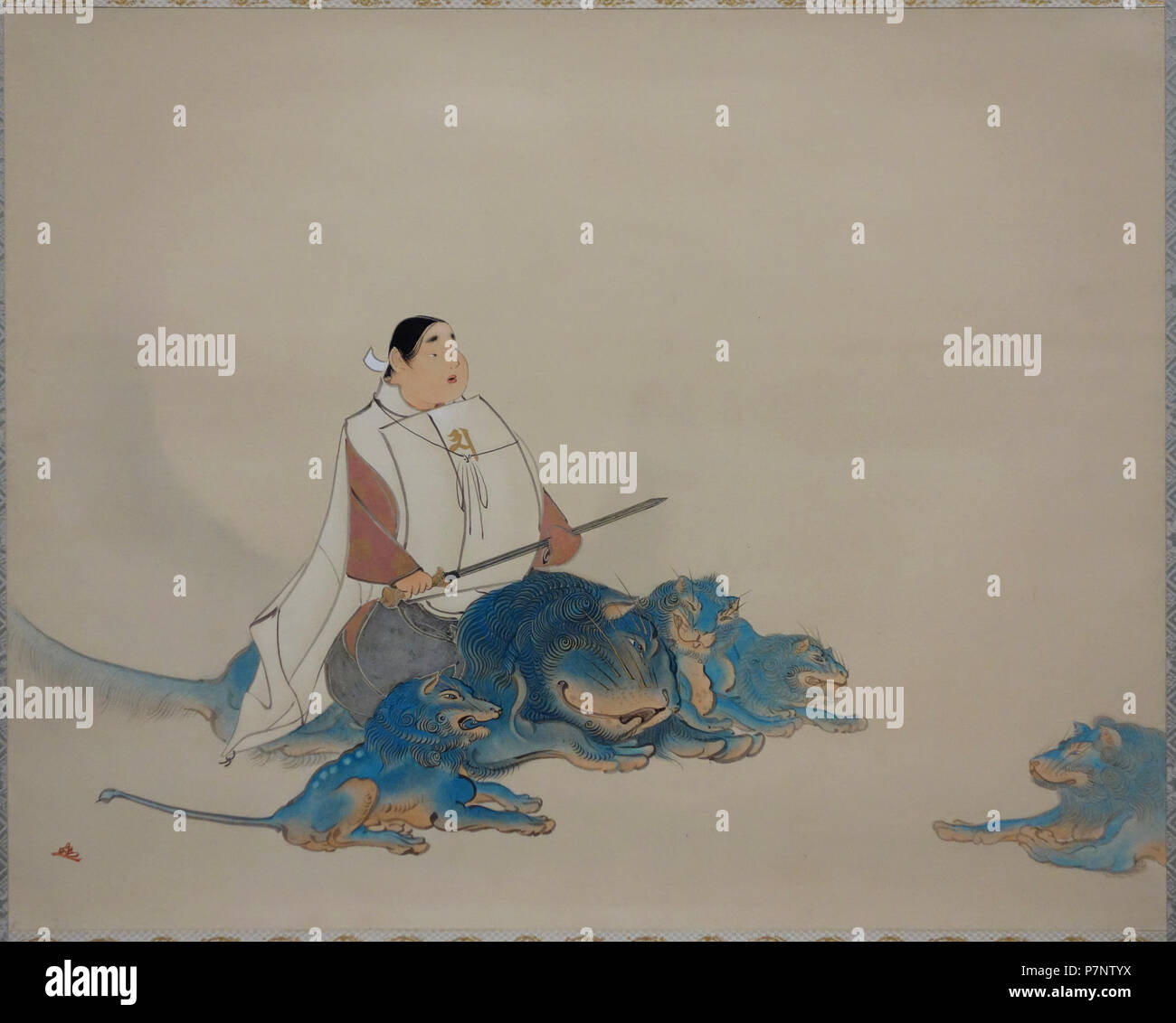 Anglais : Exposition dans le Musée National d'Art Moderne, Tokyo (東京国立近代美術館). Cette oeuvre est dans le car l'artiste est mort il y a plus de 70 ans. La photographie était permise dans le musée sans restriction. 4 septembre 2013, 01:12:59258 Manjushiri en forme d'un enfant, par Shimomura Kanzan, 1894-1898, couleur sur papier - Musée National d'Art Moderne, Tokyo - DSC06657 Banque D'Images