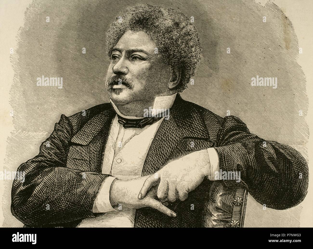 Alexandre Dumas (1802-1870). L'écrivain français. Le romantisme et la fiction historique mouvement littéraire. Portrait. La gravure. 'La Ilustracio  ola Espan n y Americana', 1870. Banque D'Images